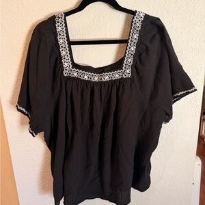 Ellos Black Blouse with White Lace Trim